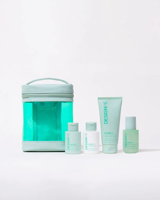 DESIGNME Hydration & Shine Mini Set featuring small bottles of hair care products for hydration and shine.