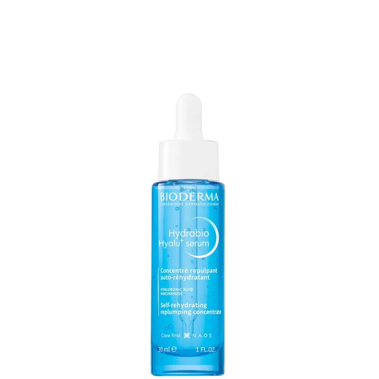 Bioderma Hydrabio Hyalu+ Serum 30ml bottle, a skincare product with a clear pump dispenser and label, on a white background.