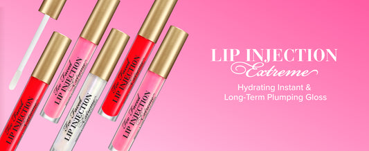 Too Faced Lip Injection Extreme lip plumper in various shades, new in box, showing the sleek packaging and applicator.
