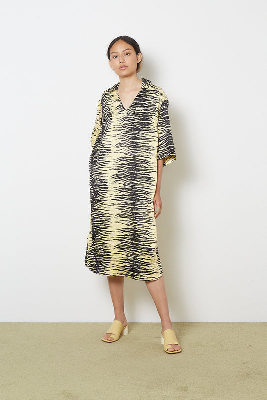 Ganni yellow and black crinkle satin dress with zebra print, size XS, stylish and lightweight for casual or dressy occasions.
