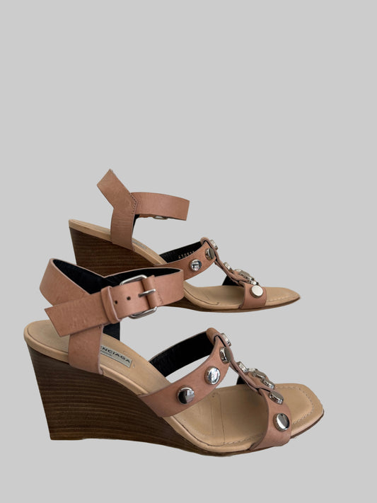 Balenciaga tan strappy sandals size 38 with multiple thin straps and a flat sole.