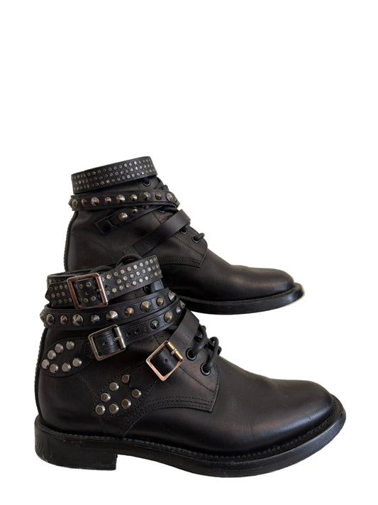 Yves Saint Laurent Ranger Stud Boot with wrap straps in size 37.5, featuring stud details and sleek leather design.