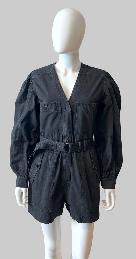 Ulla Johnson black denim romper size 2, front view showcasing short sleeves, fitted waist, and casual style.