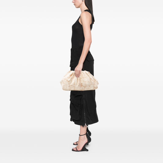 Bottega Veneta Crackled Calfskin The Pouch bag with sleek design and textured crackled finish, shown in a close-up view.