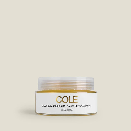Cole Omega Cleansing Balm 100ml in a jar, showcasing its smooth, white balm texture for gentle facial cleansing.