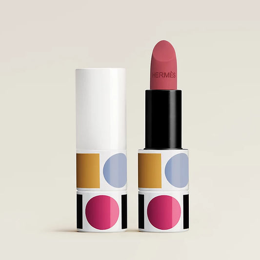 Hermès Rouge Hermès light matte lipstick in limited edition Rose Epure shade, displayed in a sleek, elegant beauty product image.