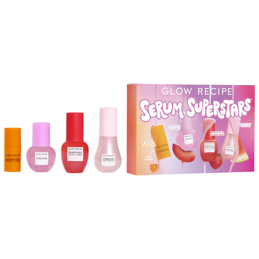 Glow Recipe Serum Superstars Minis Kit featuring a collection of mini skincare serums in colorful bottles.