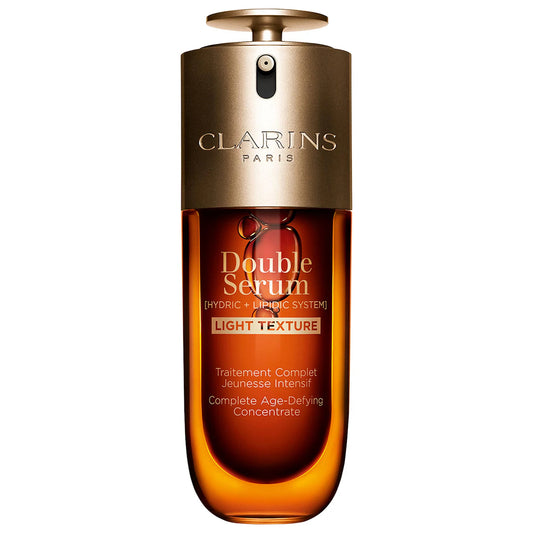 Clarins Double Serum Light Texture 50ml bottle with pump, new in box, displaying sleek packaging and product details.
