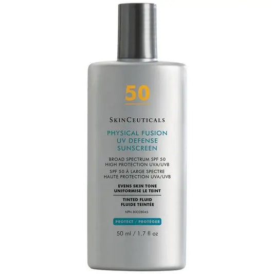 SkinCeuticals Physical Fusion UV Defense SPF 50 tinted mineral sunscreen in 50ml tube, showing the product packaging and branding.