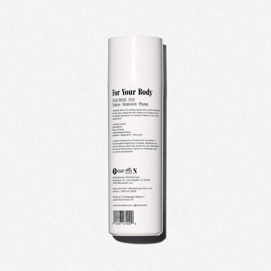 Nécessaire The Body Serum fragrance-free 150ml bottle, lightweight, clear serum for nourishing skin, shown in a beauty product image.