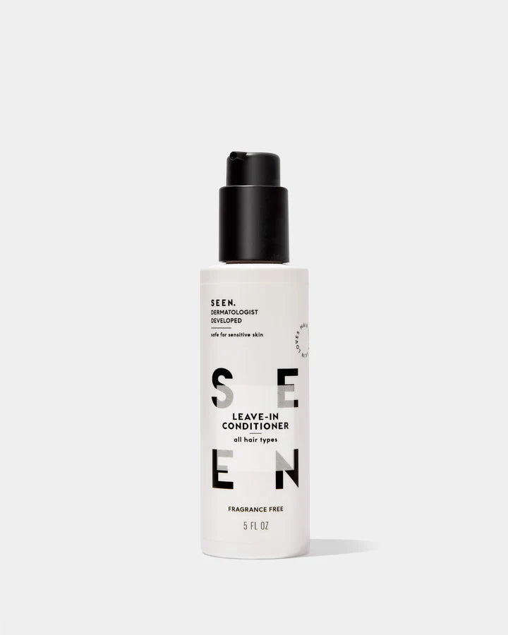 SEEN fragrance-free leave-in conditioner in a 5oz bottle, designed for hair nourishment and easy application.