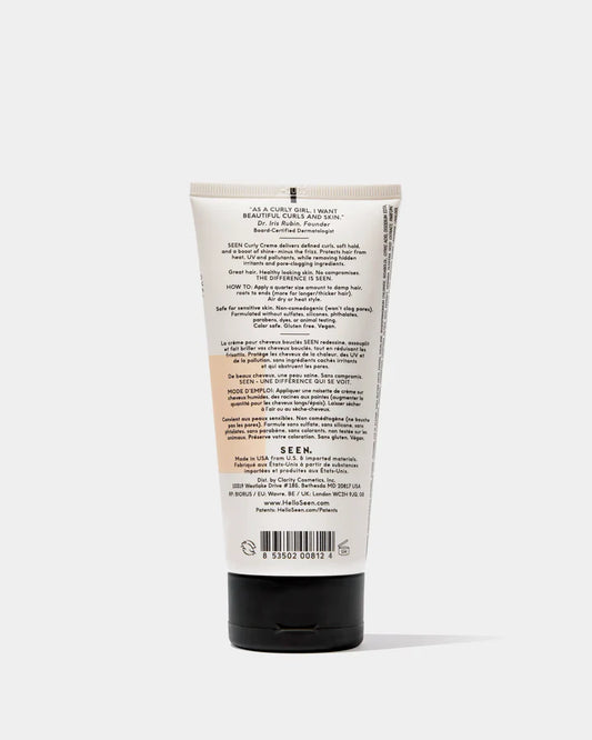 SEEN Curly Creme 6oz for curly hair, scented beauty cream in a white jar with a black lid, shown from the back.