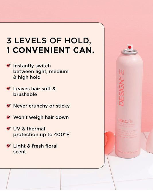 Designme HOLD.ME three-way hairspray travel size 69ml, lightweight beauty styling spray with flexible hold, new in box.