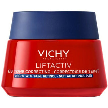 Vichy Liftactiv B3 Tone Correcting Night Cream with pure retinol in a 50ml jar, featuring a white and blue skincare container.