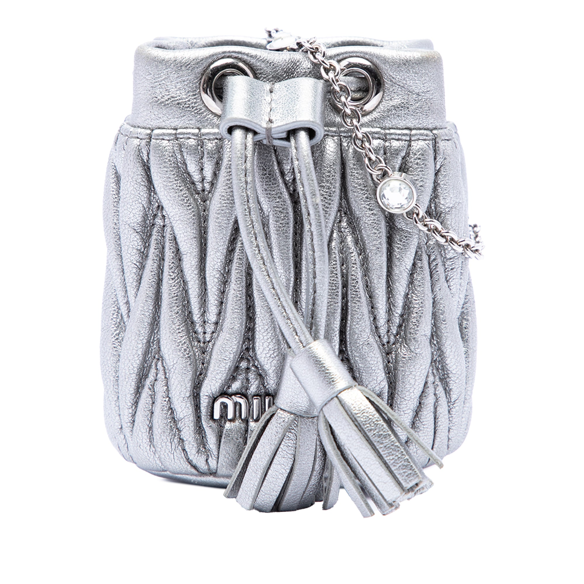 Mini Metallic Matelasse Nappa Crystal Chain Bucket Bag Silver - Lab Luxury Resale