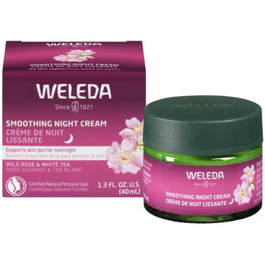 Weleda Smoothing Night Cream 40ml jar showing the cream inside, natural skincare product for nighttime skin nourishment.