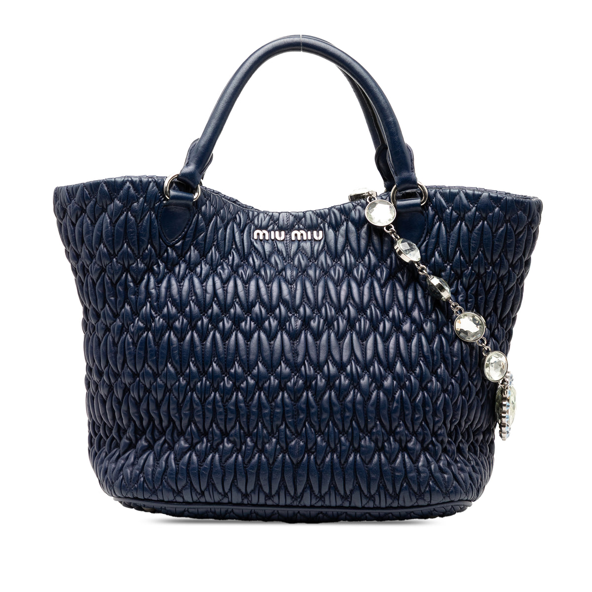 Blue Miu Miu Matelasse Nappa Crystal Satchel bag with quilted texture and metallic hardware, styled on a clean background.