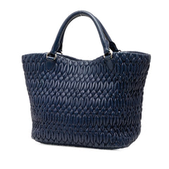 Blue Miu Miu Matelasse Nappa Crystal Satchel bag with quilted design and silver hardware, showcasing its elegant craftsmanship.