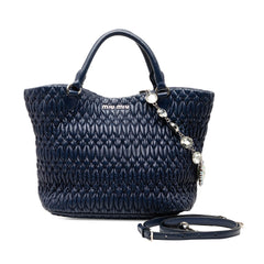 Miu Miu Matelasse Nappa Crystal Satchel in blue with quilted leather and crystal embellishments, stylish handbag for women.