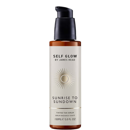 By James Read Self Glow Sunrise to Sundown tinted tan serum in 150ml bottle, with natural glow and tan effects.