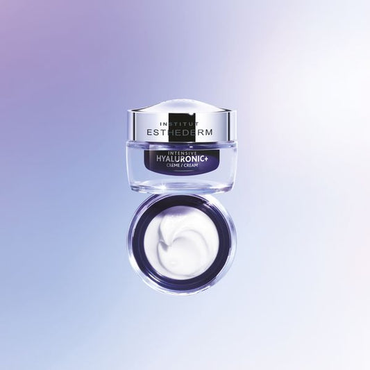 Institut Esthederm Intensive Hyaluronic+ anti-wrinkle smoothing cream in 50ml jar, showing its elegant packaging and cream texture.
