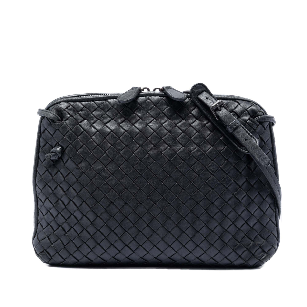 Black Bottega Veneta Nappa Intrecciato Nodini crossbody bag with woven leather design and sleek, structured shape.