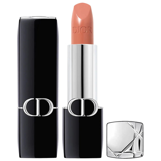 Dior Rouge Dior refillable lipstick in satin and matte shades, new in box, showcasing elegant packaging and variety of colors.