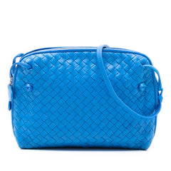 Bottega Veneta Nappa Intrecciato Nodini crossbody bag with woven leather design and sleek shape.
