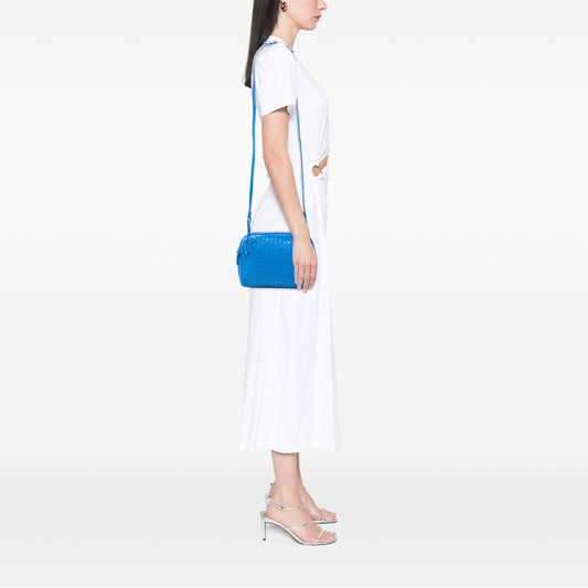 Bottega Veneta Nappa Intrecciato Nodini crossbody bag with woven leather design and adjustable strap.