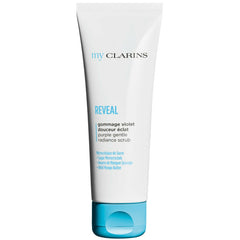 Clarins REVEAL Purple Gentle Radiance Scrub in a jar, showing the purple exfoliating scrub with textured surface.