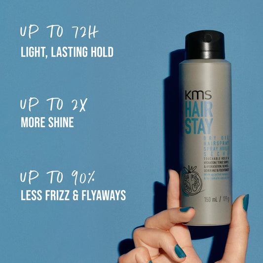 KMS Hairstay Dry Oil Hairspray 112g bottle with spray nozzle, designed for lightweight hold and shine in hair styling.