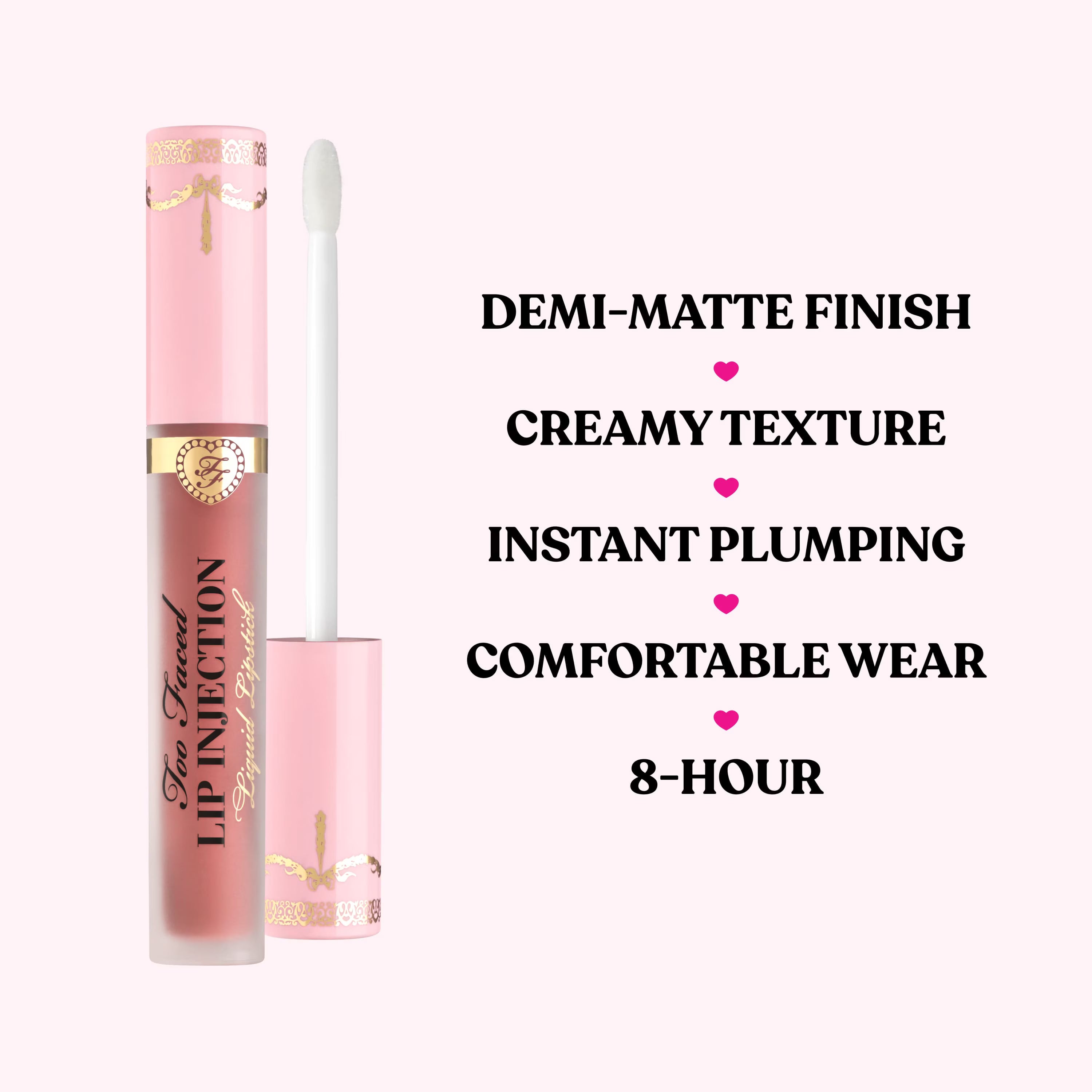Too Faced Lip Injection liquid lipstick in Va Va Voom with vibrant red color, featuring sleek packaging and applicator.