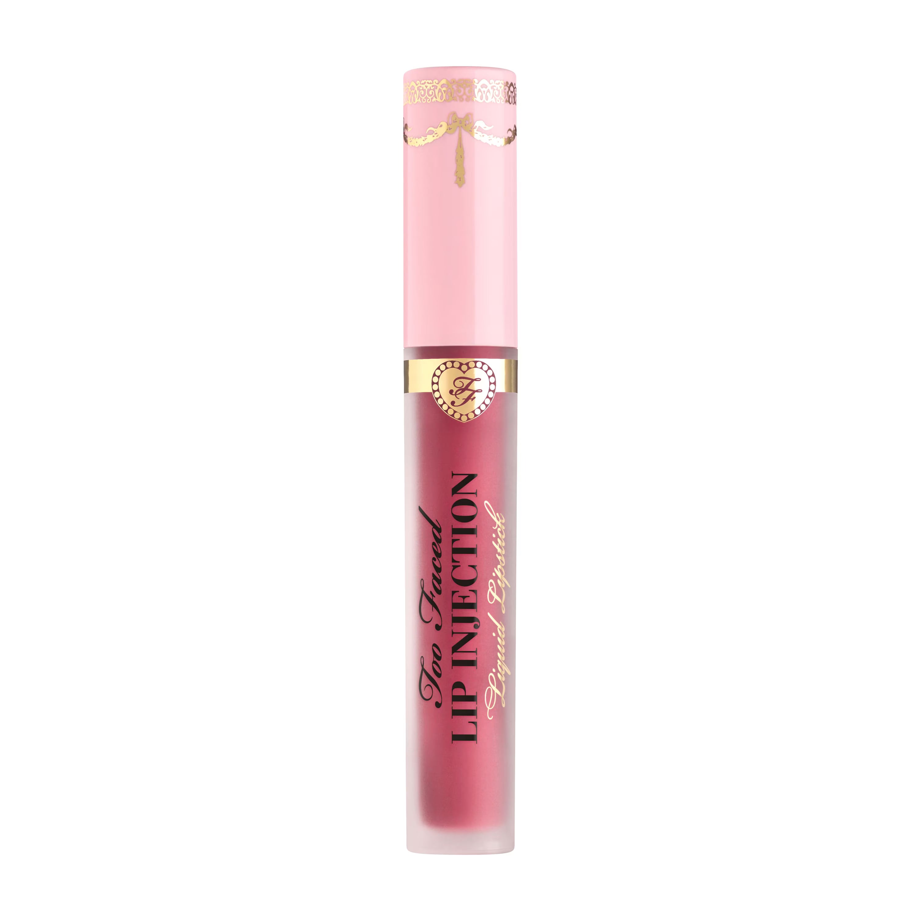 Too Faced Lip Injection Liquid Lipstick in Va Va Voom with sleek packaging, showcasing its vibrant color and glossy finish.