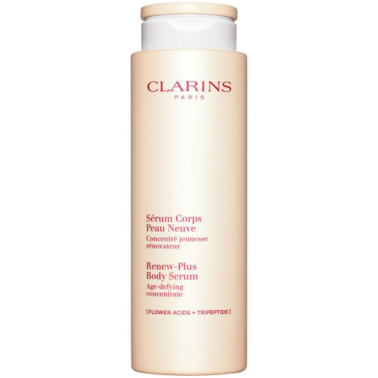 Clarins Renew Plus Body Serum 200ml bottle, new in box, featuring sleek packaging and applicator for nourishing skin treatment.