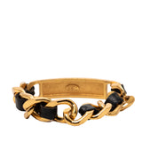 Gold Plated Leather Woven Chain Logo Plate Cuff Bracelet Gold - Lab Luxury Resale