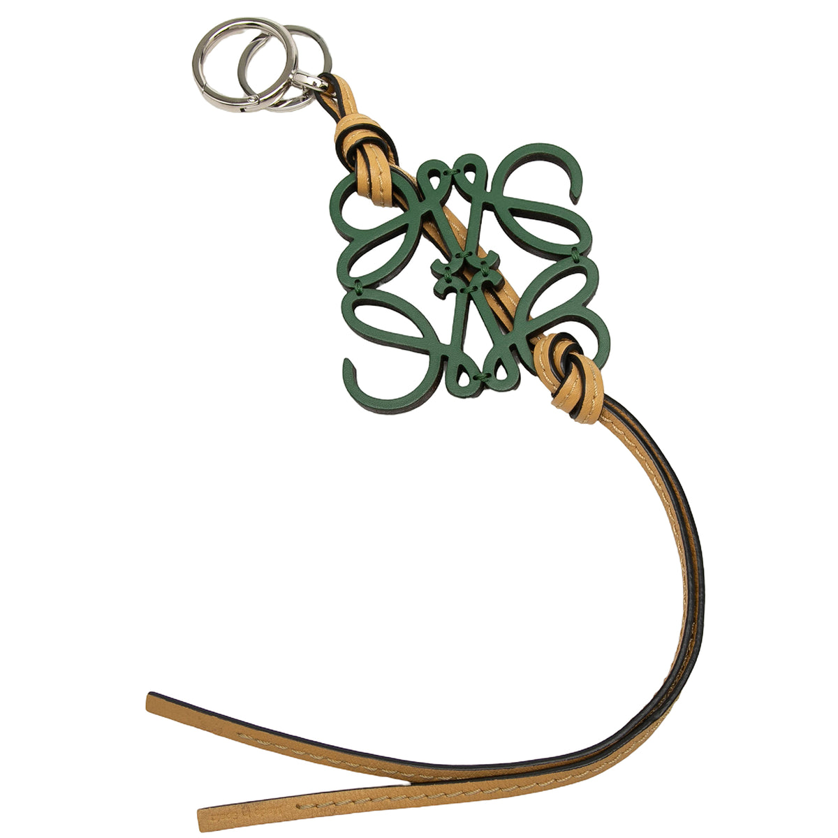 Green LOEWE leather Anagram key ring and bag charm featuring the brand's signature logo design.
