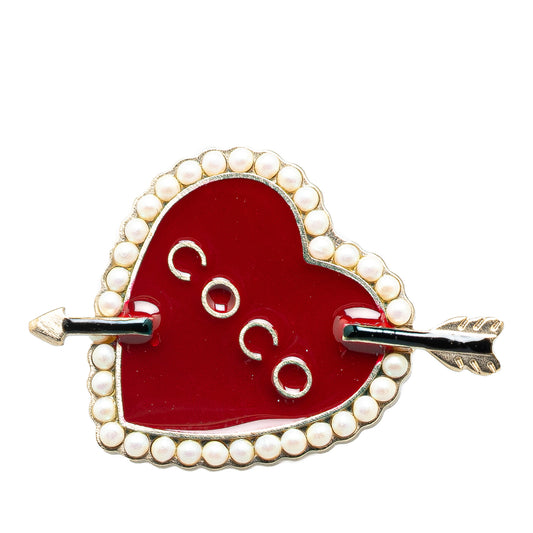 Gold Plated Enamel Faux Pearl Coco Heart and Arrow Brooch Red - Lab Luxury Resale
