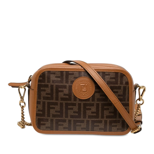 Fendi glazed fabric Vitello Century FF 1974 camera bag with gold hardware and adjustable strap, showcasing its luxurious design.