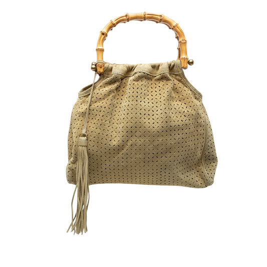 Laser Cut Suede Bamboo Top Handle Bag Brown - Lab Luxury Resale