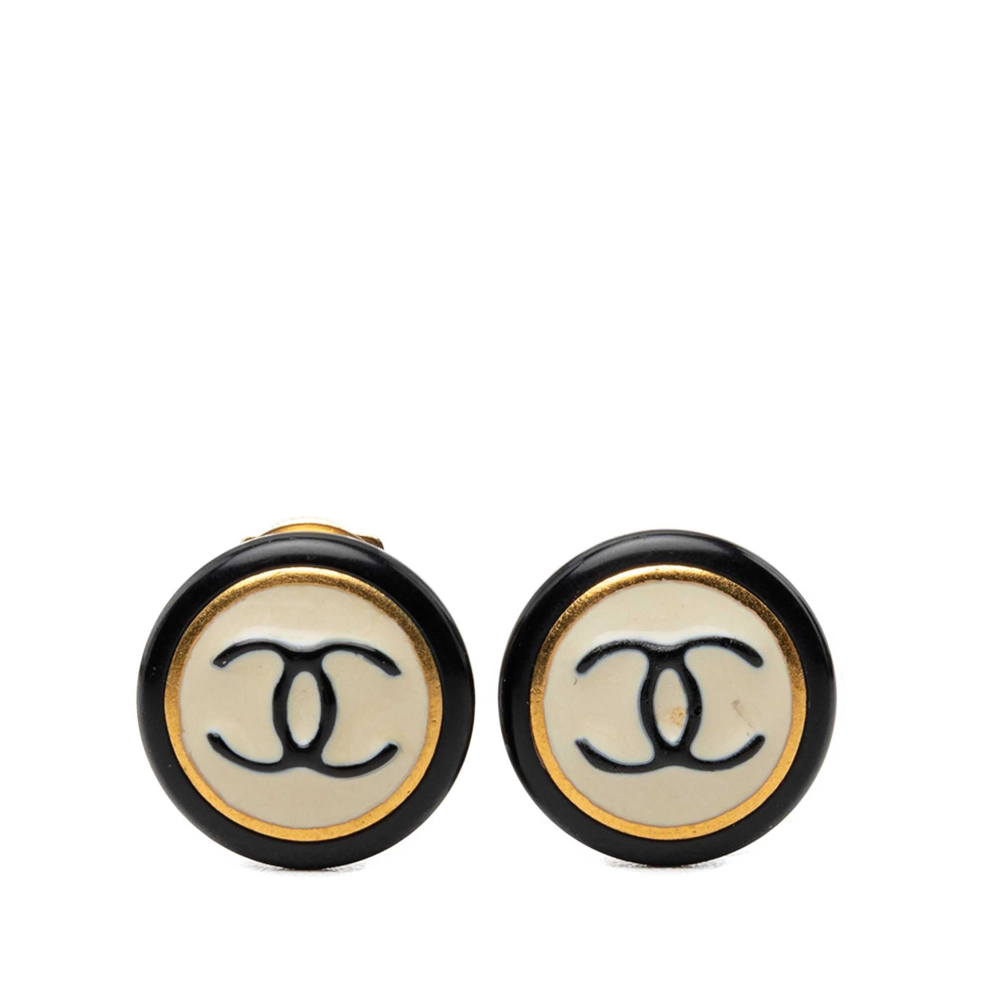 CC Gold Plated and Enamel Round Button Clip On Earrings Black - Lab Luxury Resale