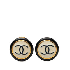 CC Gold Plated and Enamel Round Button Clip On Earrings Black - Lab Luxury Resale