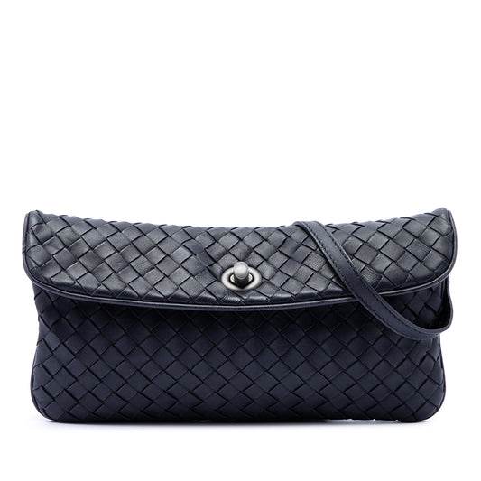Black Bottega Veneta Mini Nappa Intrecciato Turn Lock Crossbody bag with sleek design and woven leather detailing.