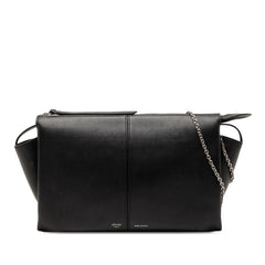 Black Celine Trifold leather clutch bag with chain strap, featuring sleek design and compact size for elegant carry.