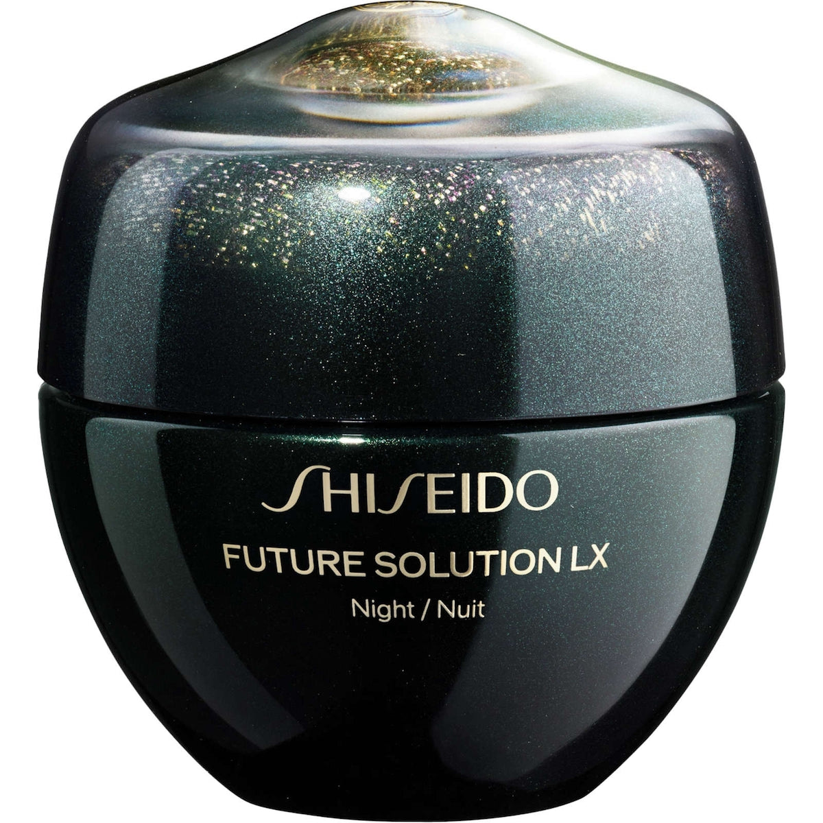 Shiseido Future Solution LX Night skincare jar with 50ml size, new in box, set against a white background.