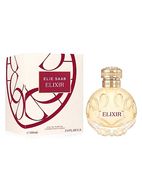 Elie Saab Elixir Eau de Parfum 100ml bottle with elegant design, displayed on a neutral background.