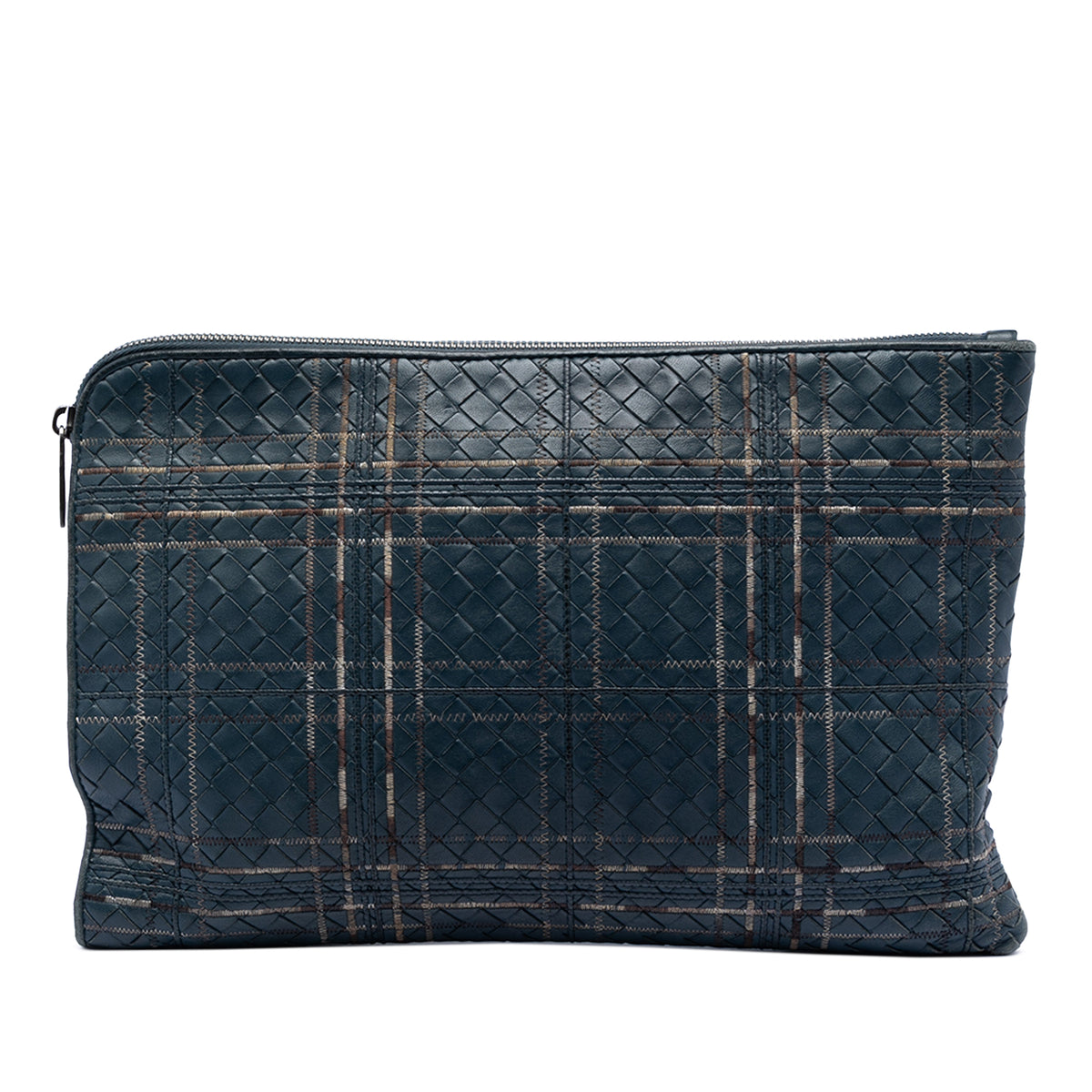 Bottega Veneta Nappa Intrecciato Metropolis blue leather document case with woven design and sleek shape.