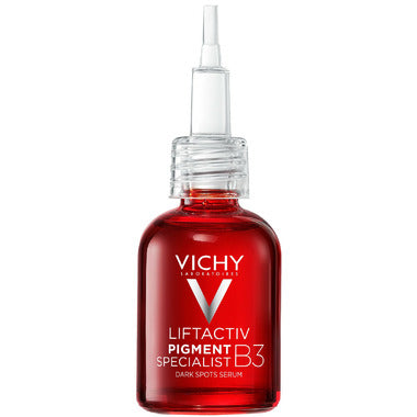 Vichy Liftactiv B3 serum for dark spots and wrinkles in a 30ml bottle, displayed in a beauty product setting
