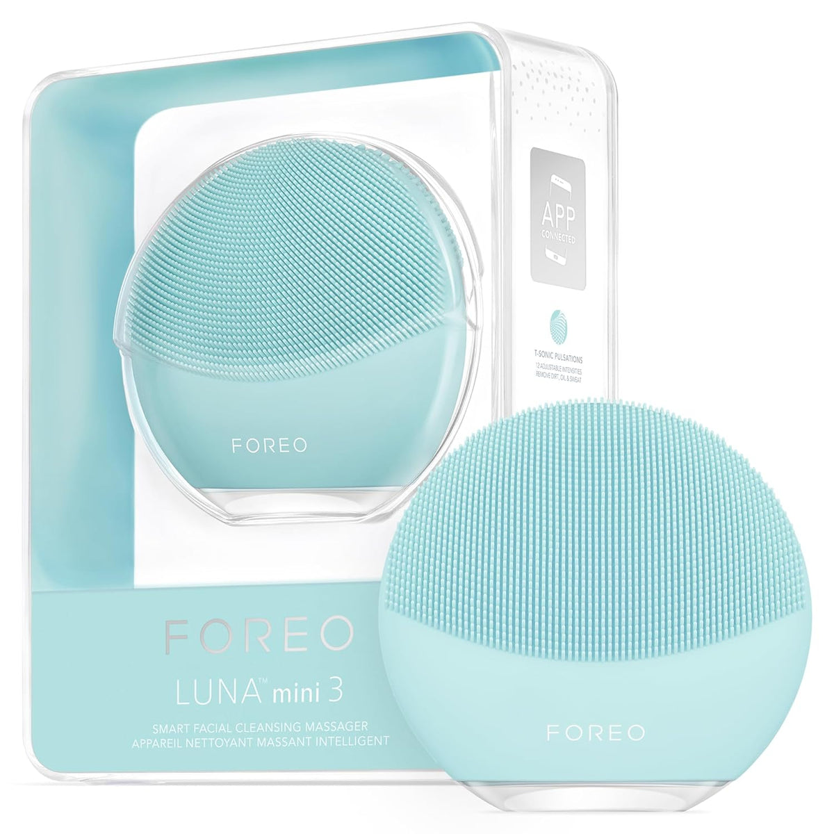 Foreo LUNA mini 3 facial cleansing brush in white, showcasing its compact design and silicone bristles for deep skin cleansing.