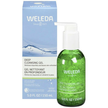 Weleda Deep Cleansing Gel 150ml bottle with clear gel, designed for facial cleansing and skincare.