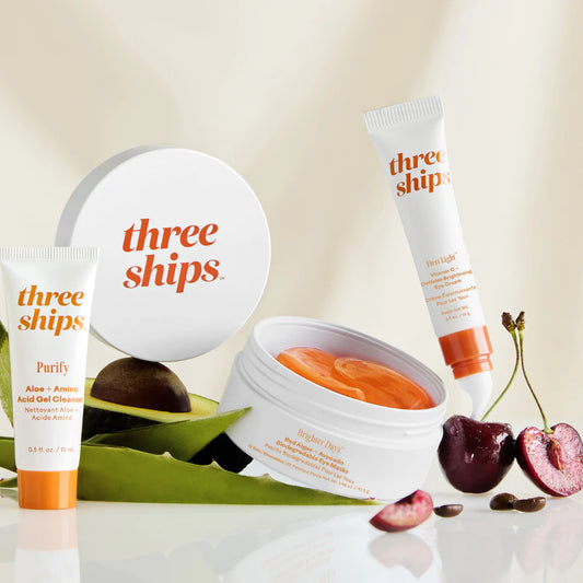 Three Ships Bright Side brightening eye routine kit with skincare products displayed on a neutral background.